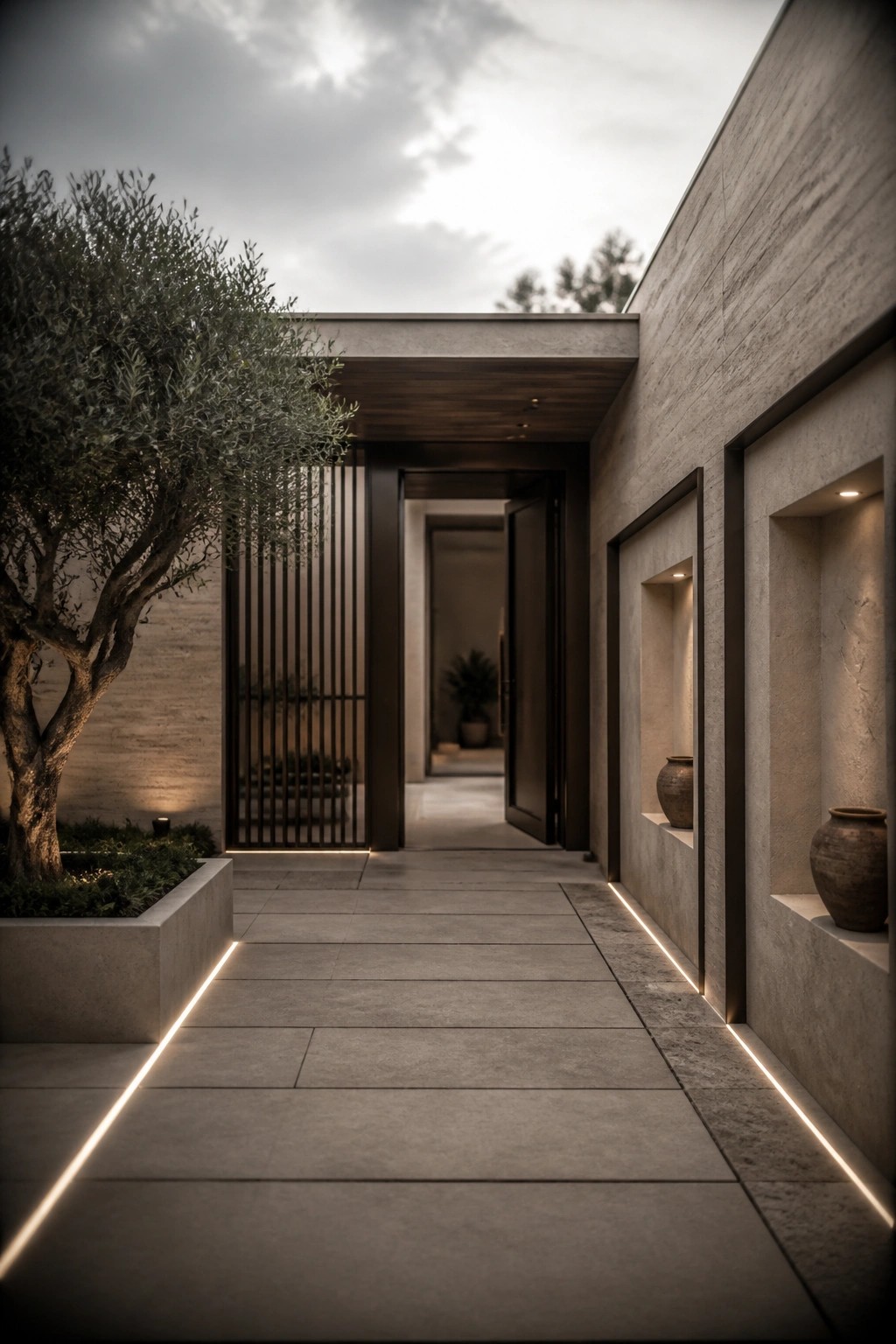 A modern concrete house entry with a long paved walkway lined by linear lights, vertical wood slats, recessed wall niches holding pottery, and a tree in a raised planter.