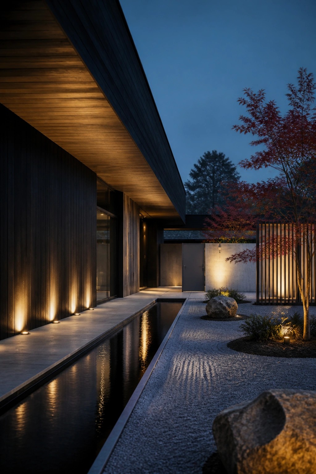 Modern dark wood building with illuminated water feature and red maple at dusk