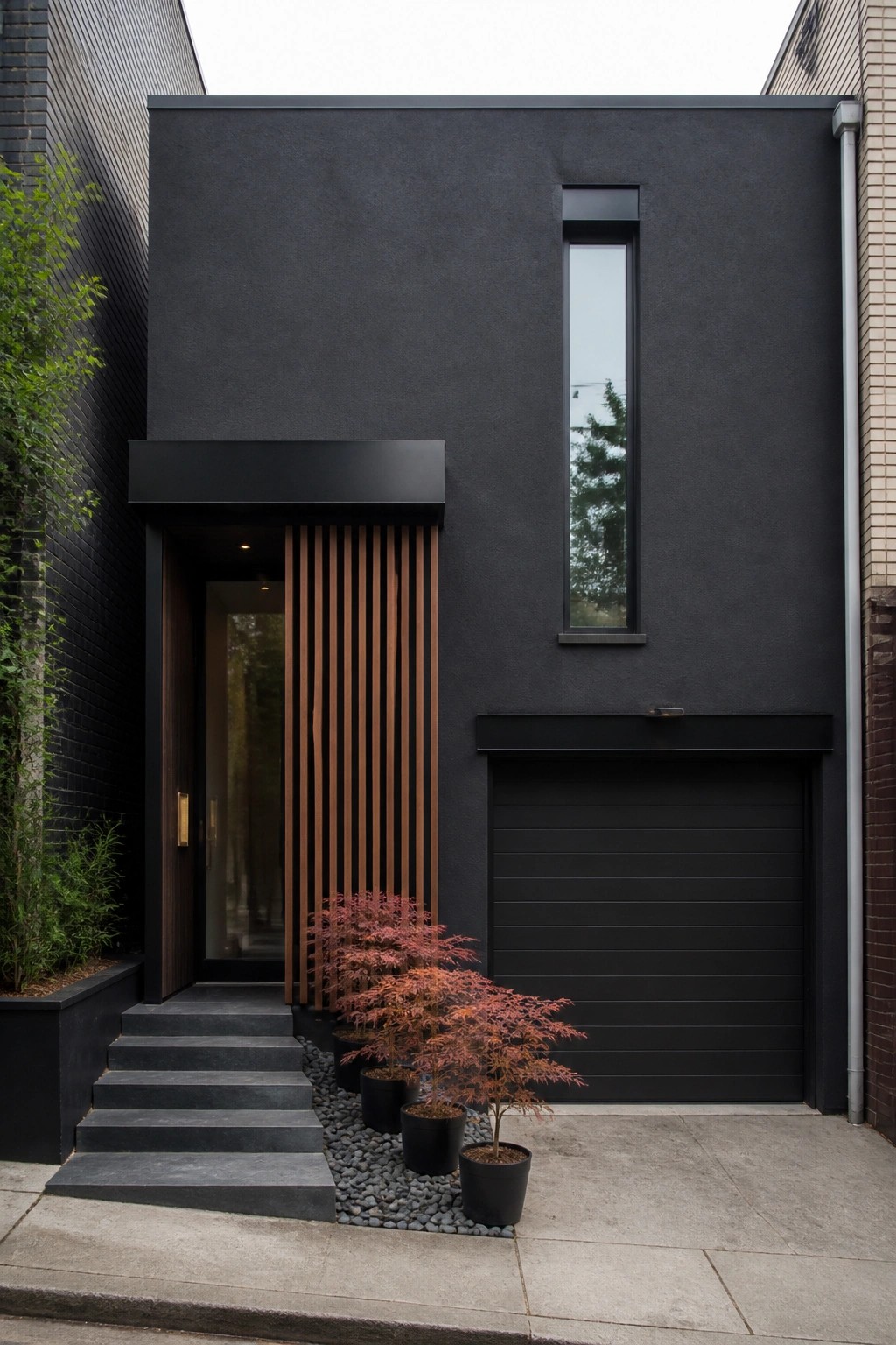 A modern dark gray house facade with a recessed entry framed by vertical wood slats, a tall narrow window above a black garage door, and three potted trees beside the steps.