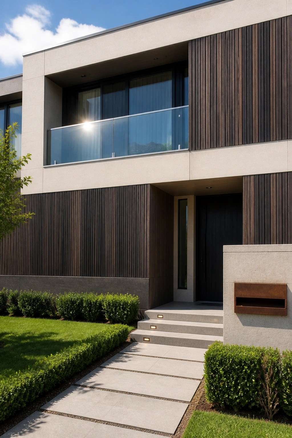 Modern two-story house exterior with vertical dark wood slats on sections of the facade, smooth concrete walls, glass balcony railing, and concrete entry steps leading to a dark door.