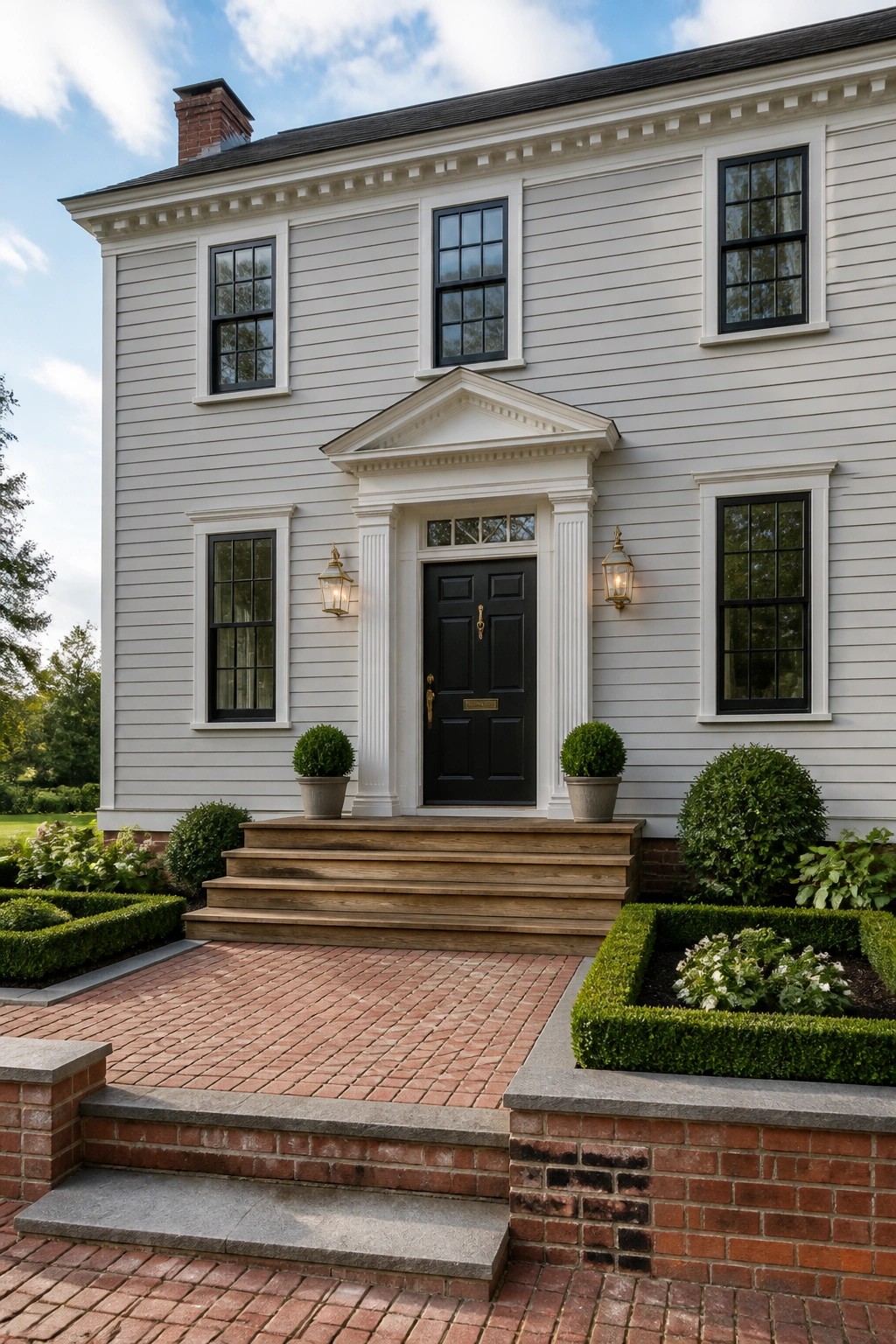A white two-story house with a black front door framed by a white classical pediment supported by columns, flanked by two lit wall lanterns and two potted shrubs on the steps.