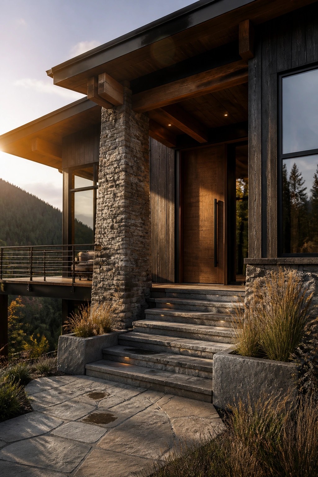 Modern house entrance with wide stone steps, a large stone column supporting a wooden overhang, and a wooden front door.