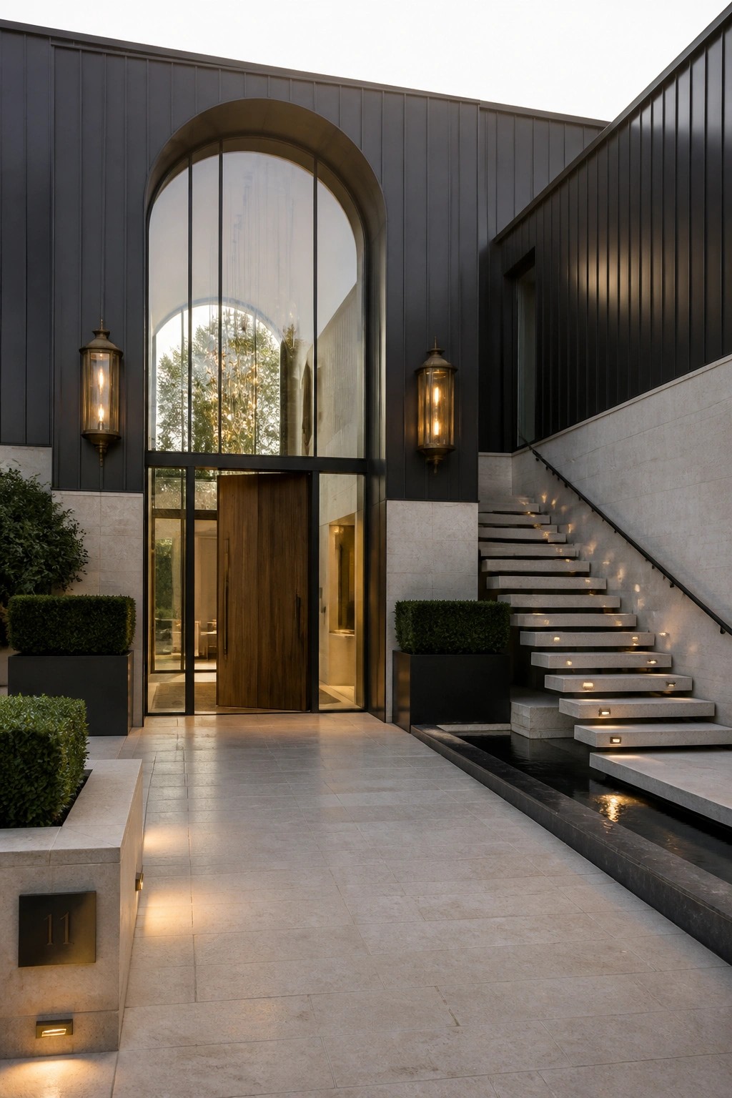 A modern house entrance featuring a large arched glass window above a wooden door, with wall lanterns on either side and a stone staircase with recessed lighting to the right.