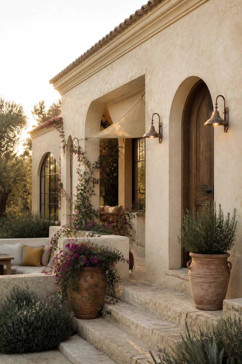 A stucco house exterior featuring multiple arched openings, a wooden door, wall sconces, terracotta pots with greenery, and stone steps.