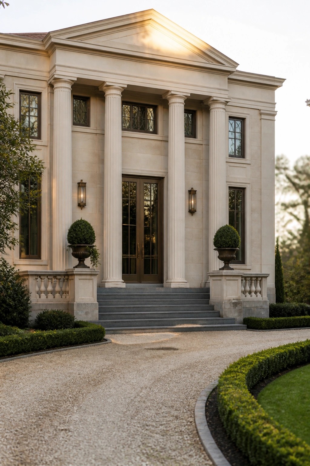 A large stone house facade with a central portico of four tall columns, double entry doors, and steps leading up from a gravel driveway.
