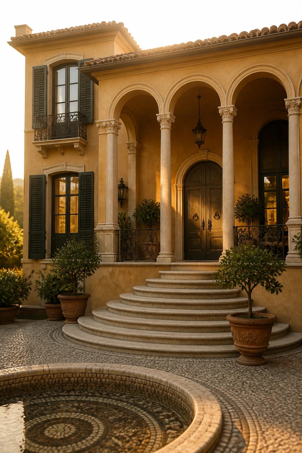 A Mediterranean-style house with a columned portico, arched openings, double front doors, and curved stone steps leading up from a cobblestone courtyard with potted plants and a circular fountain.