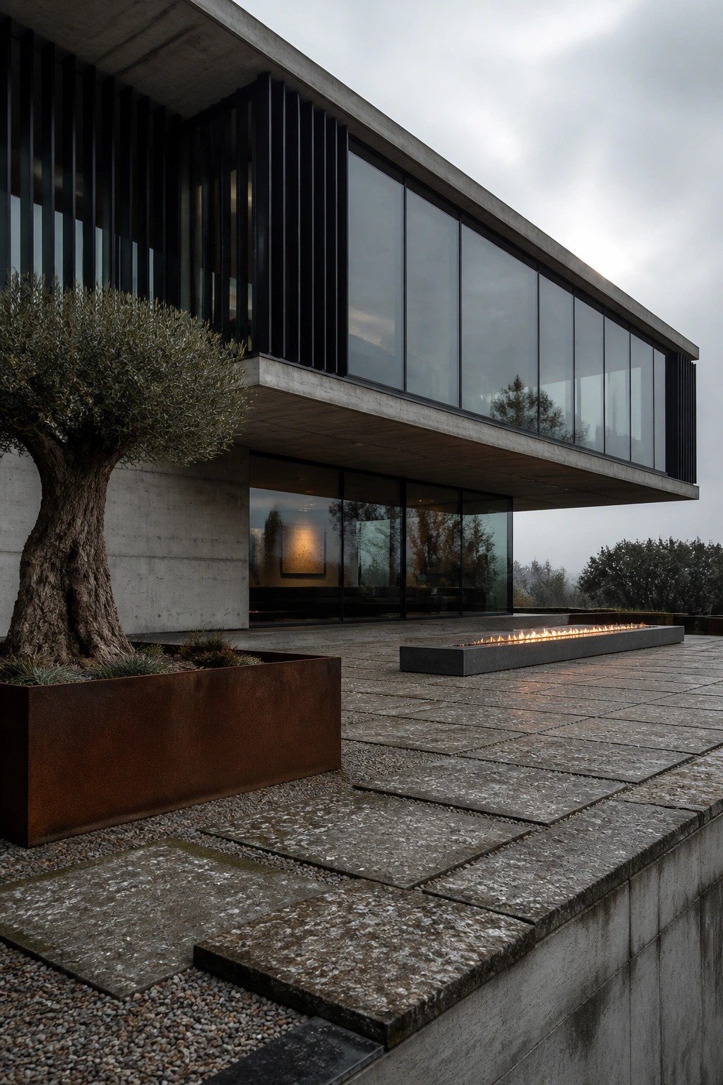 A modern concrete house exterior with large glass windows, black vertical slats on the upper level, and a long fire pit on a stone patio next to an olive tree in a rusted planter.