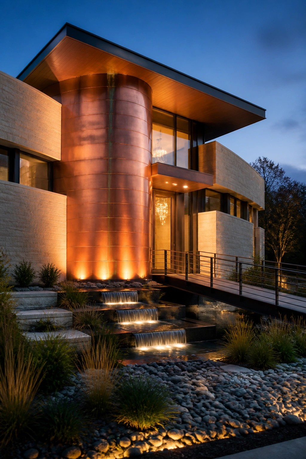 A modern house exterior at dusk with a large illuminated copper cylinder, stone walls, a wooden bridge entrance, and water features on the steps.