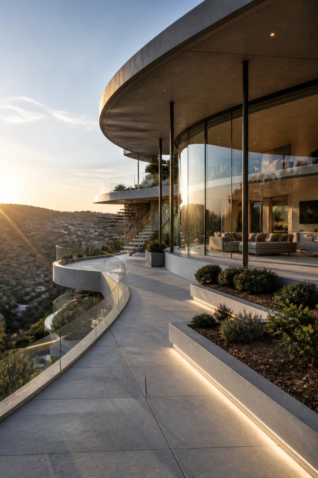 A modern hillside home with a large curved concrete roof, floor-to-ceiling glass walls, and a curved concrete terrace with glass railing overlooking a valley at sunset.