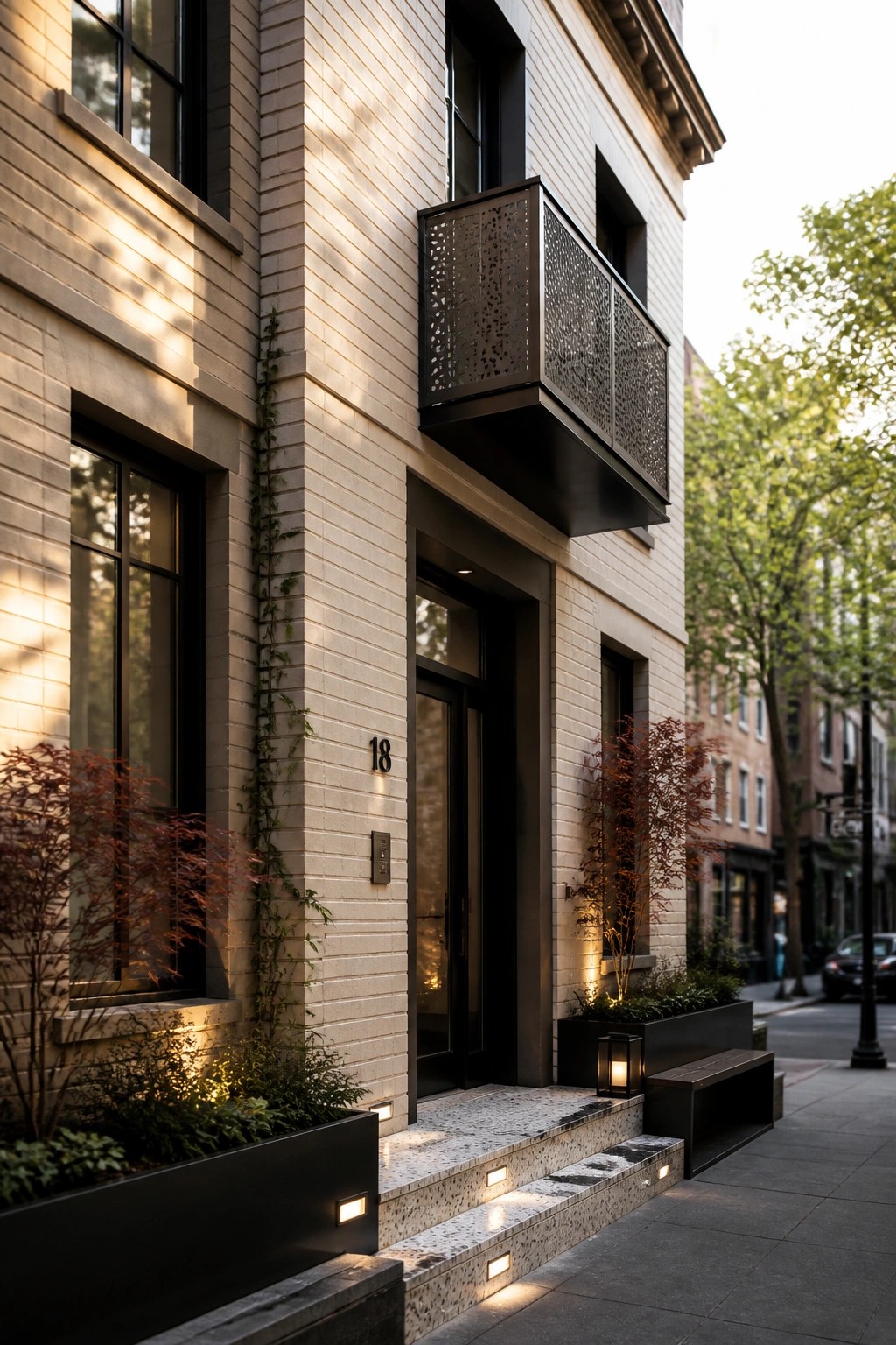 A light-colored brick building facade with a dark metal balcony featuring cutout patterns above a recessed glass entrance door and speckled stone steps.