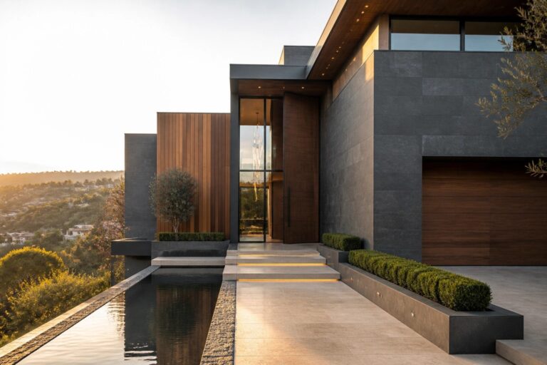 A modern house exterior with a long rectangular water feature running parallel to a paved walkway that leads to a tall wooden front door set in stone walls.