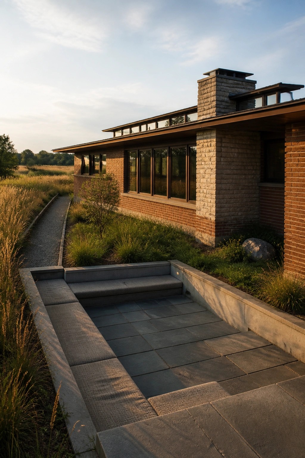 A modern single-story brick house with a large stone chimney, horizontal windows, and a stone pathway with steps leading through landscaped grass.