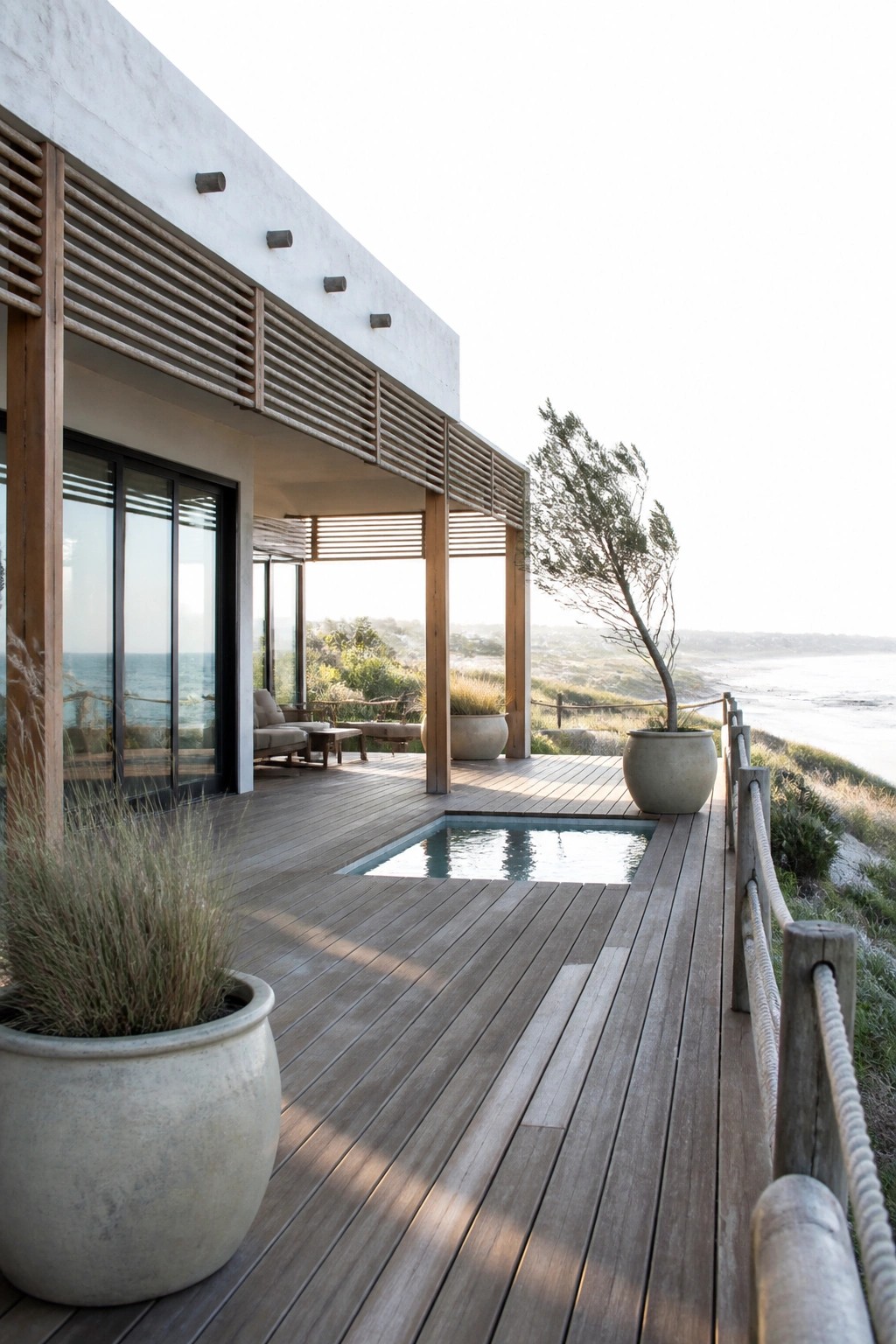 A modern coastal house with a wooden deck, a small rectangular plunge pool set into the deck, large concrete planters, and a rope railing overlooking the ocean.
