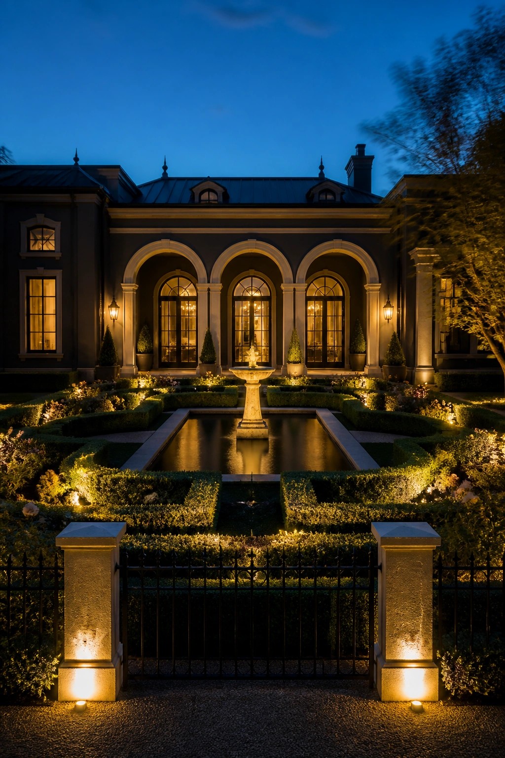 Elegant mansion with glowing arches, central fountain, reflecting pool, and manicured gardens at dusk
