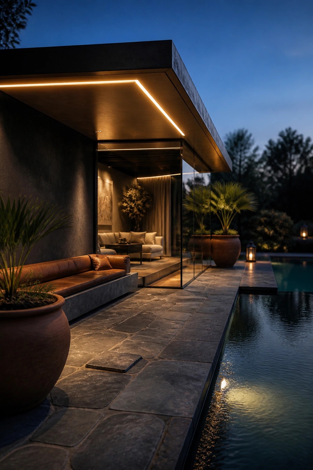 Modern house with a flat concrete overhang featuring a glowing linear light, brown leather outdoor sofa on a stone patio, large terracotta pots, and a long pool at dusk.
