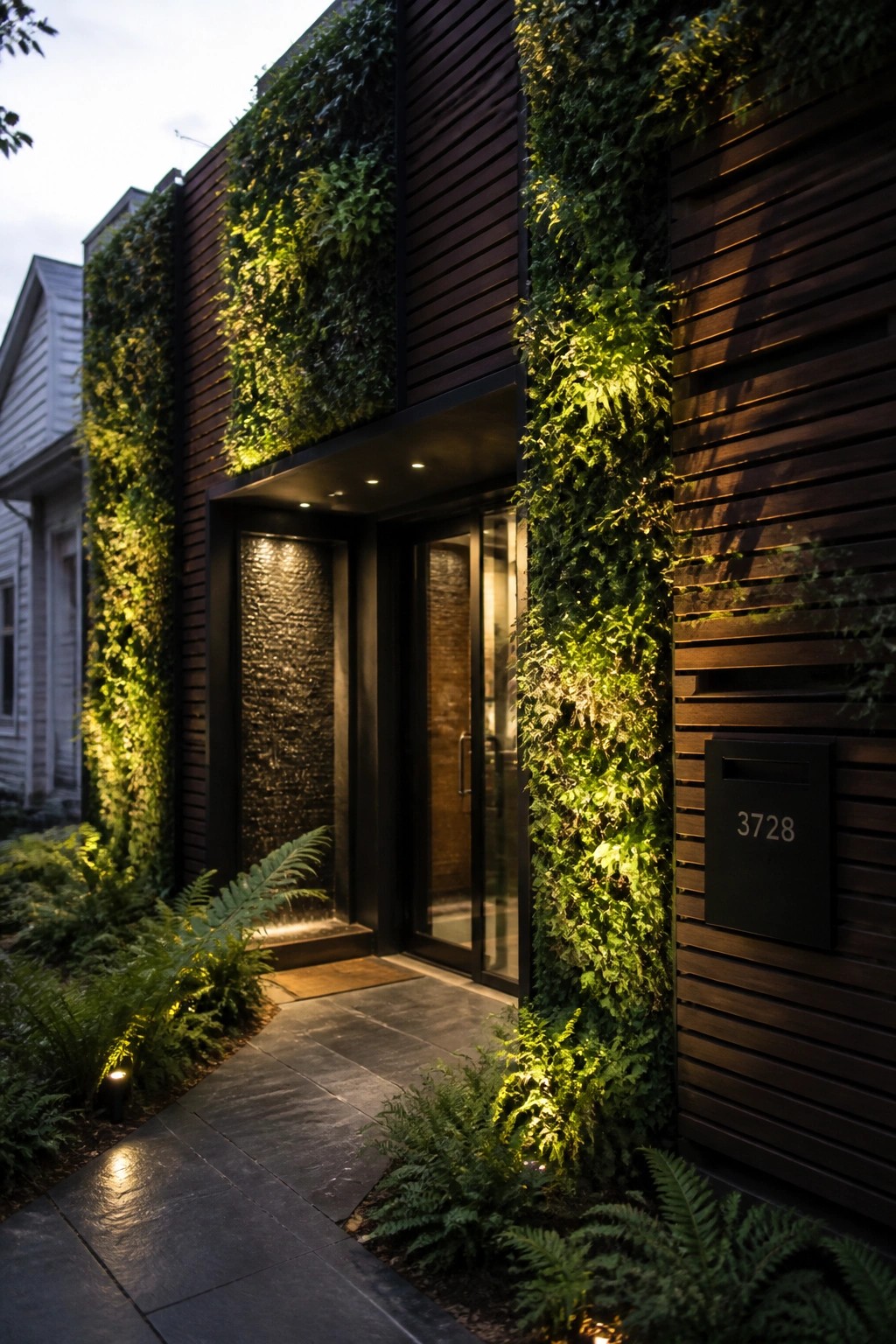 A modern house entrance features dark wood siding with tall vertical gardens on both sides of a glass door, ferns along the stone path, and a black mailbox labeled 3728.
