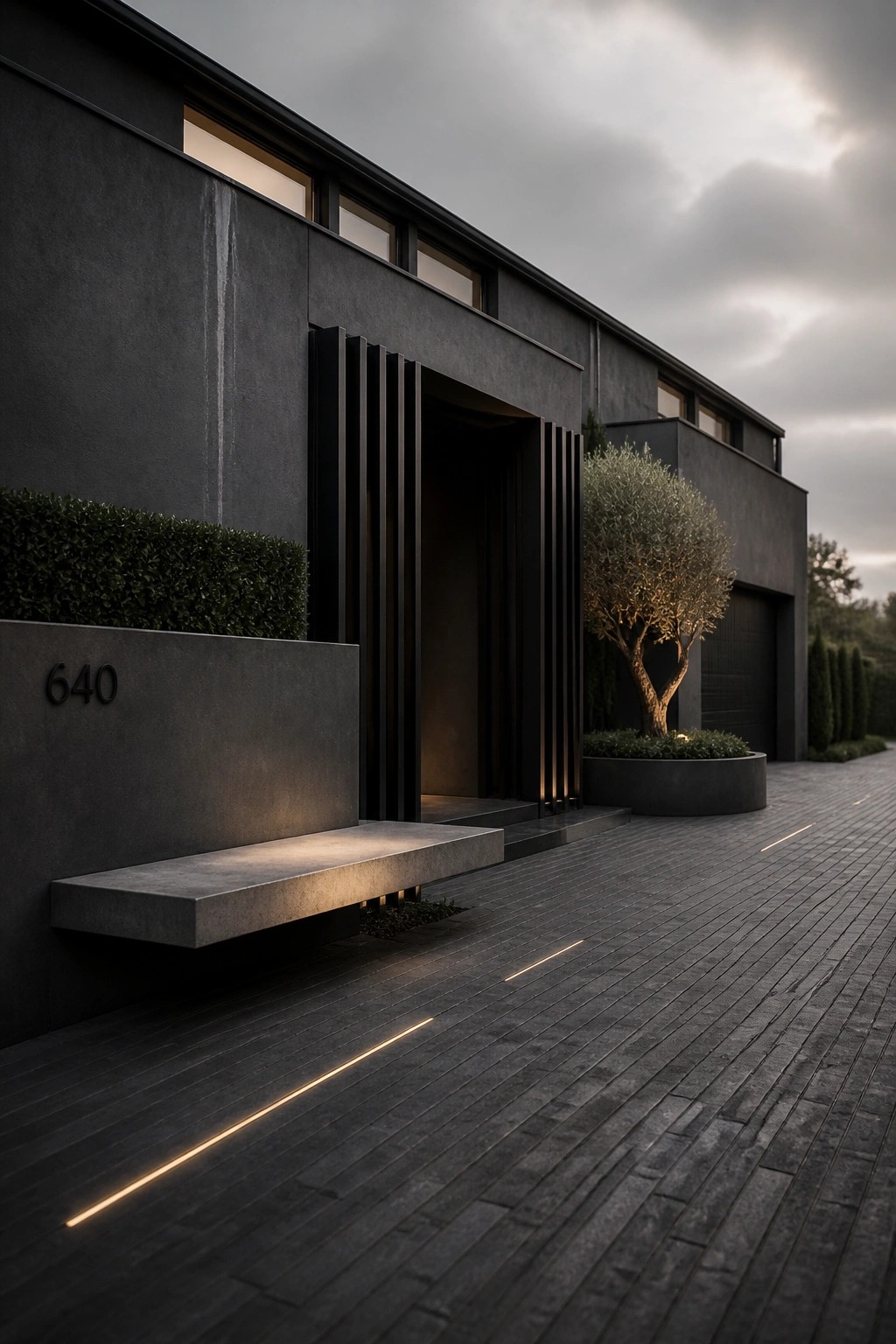 Modern dark concrete house exterior with vertical slats framing the front entrance, a floating concrete bench, and integrated lighting along the paved driveway.
