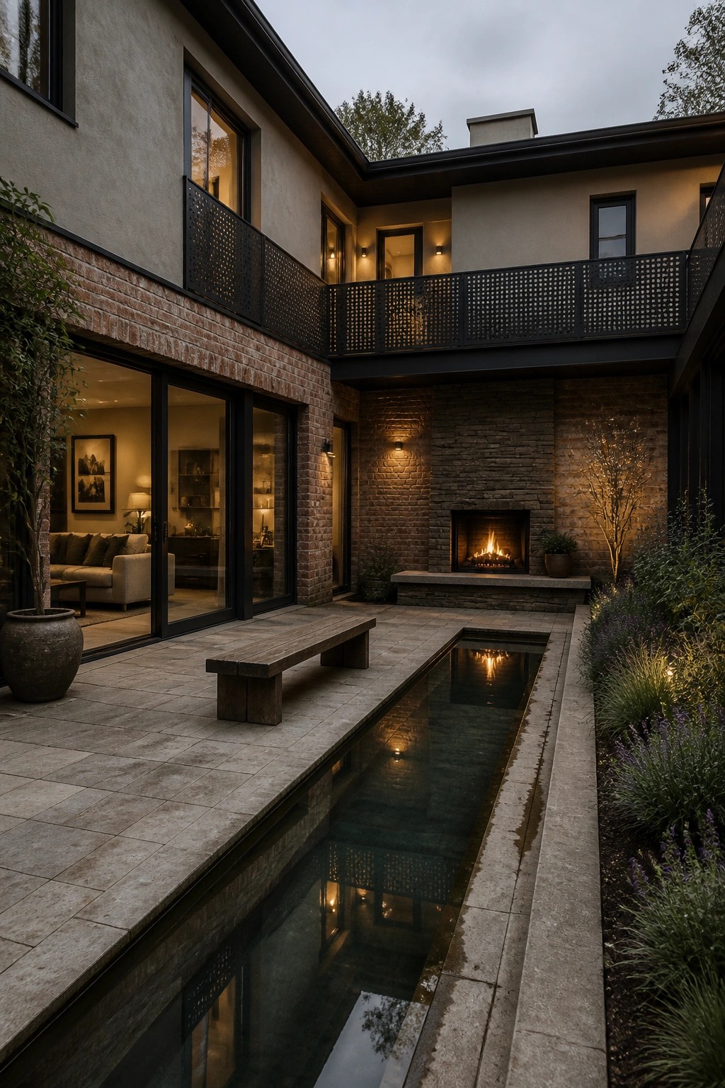 A modern two-story house courtyard at dusk featuring a long rectangular reflecting pool, a wooden bench, a stone fireplace, and upper-level balconies with metal railings.