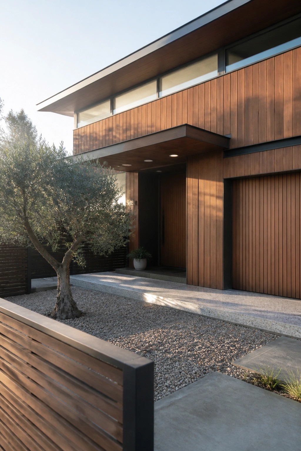 Modern two-story house exterior with vertical wood siding, a recessed front door under a wood canopy, and gravel landscaping with a small tree.