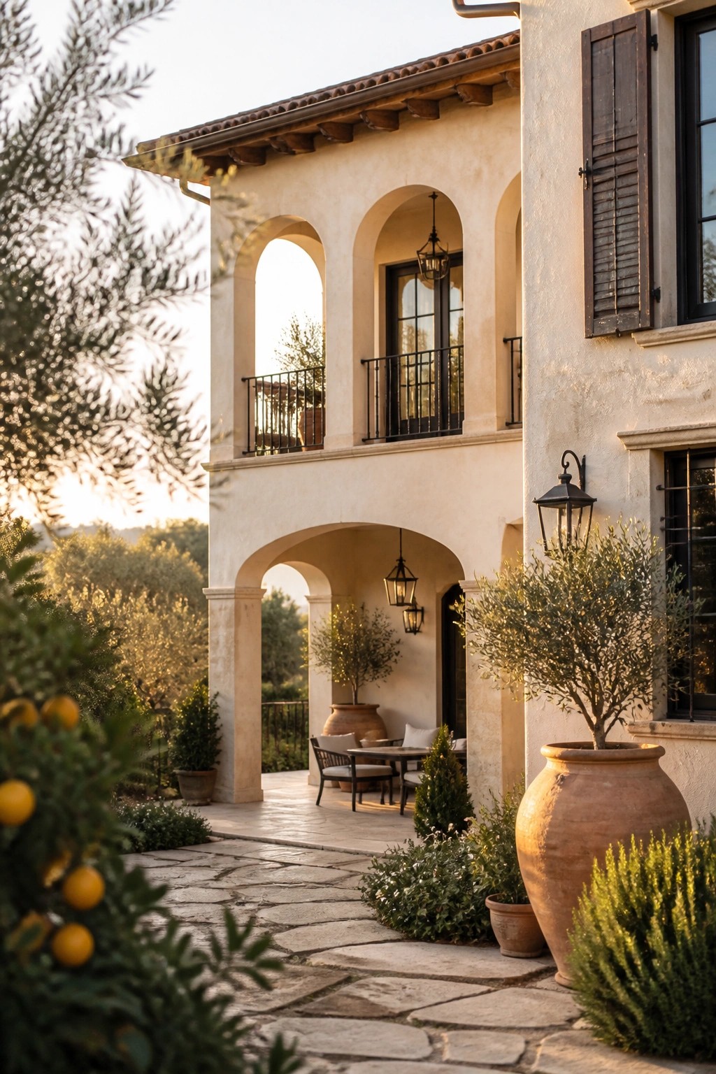 A two-story stucco house with multiple arched openings on the ground floor and balcony level, a covered patio with table and chairs, and large terracotta pots with plants along a stone path.