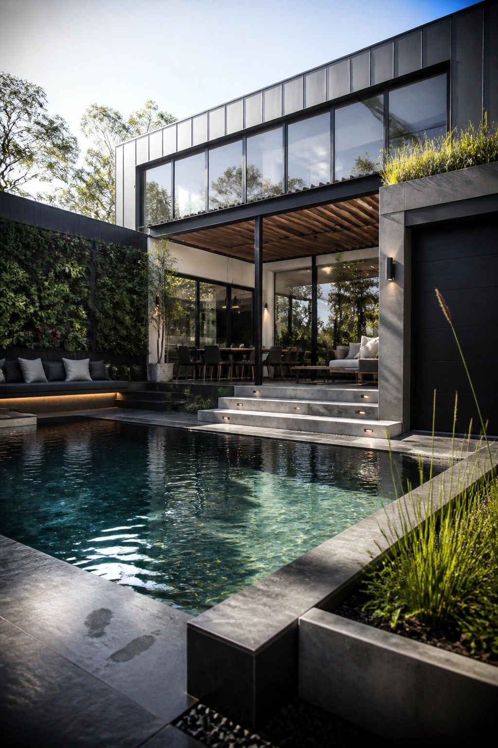 A modern two-story house with large windows and dark exterior sits beside a rectangular swimming pool, with concrete steps leading from the water to an open patio area.
