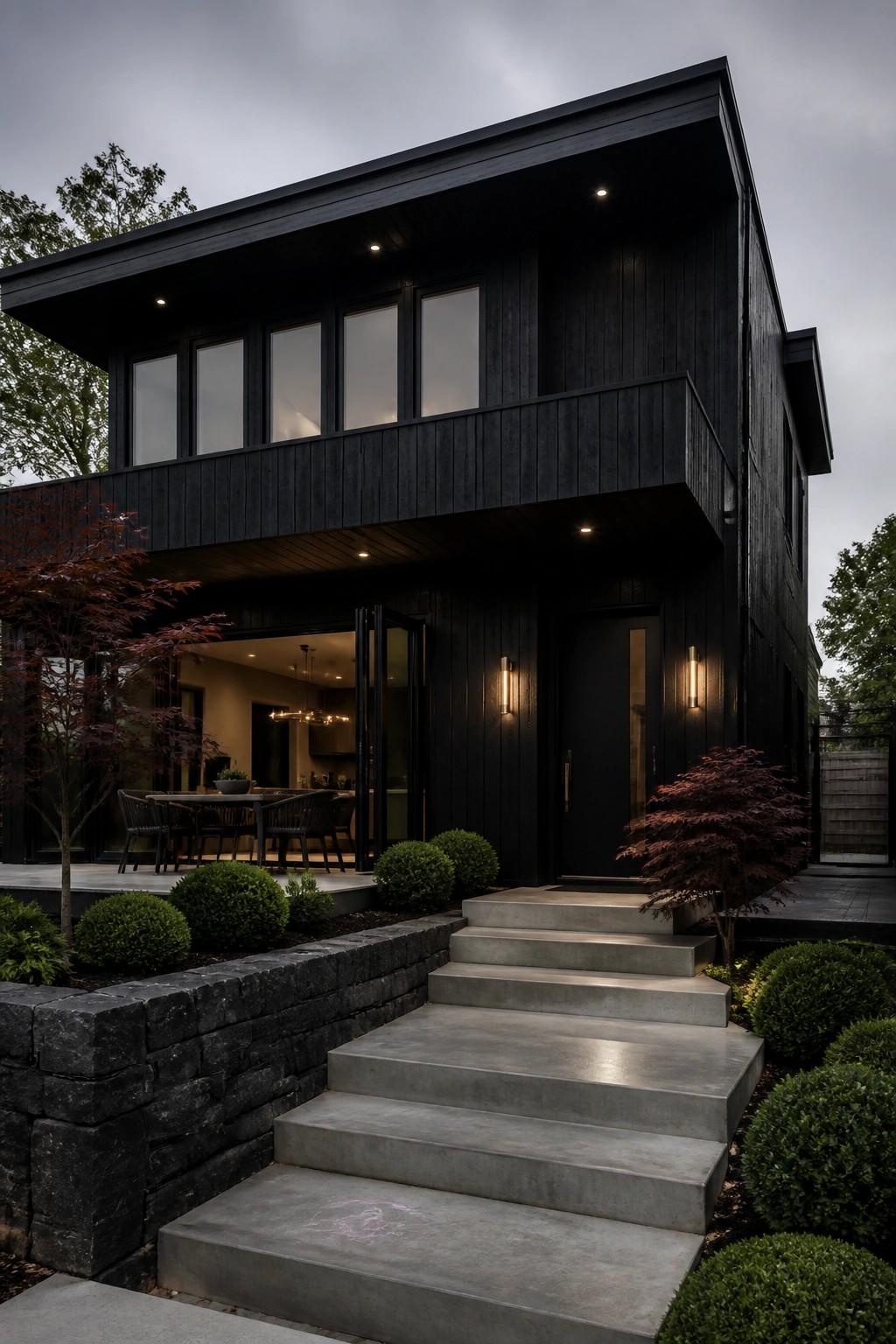 A modern two-story house with black wood siding, large windows, a second-floor balcony, concrete front steps, and dark landscaping under an overcast sky.