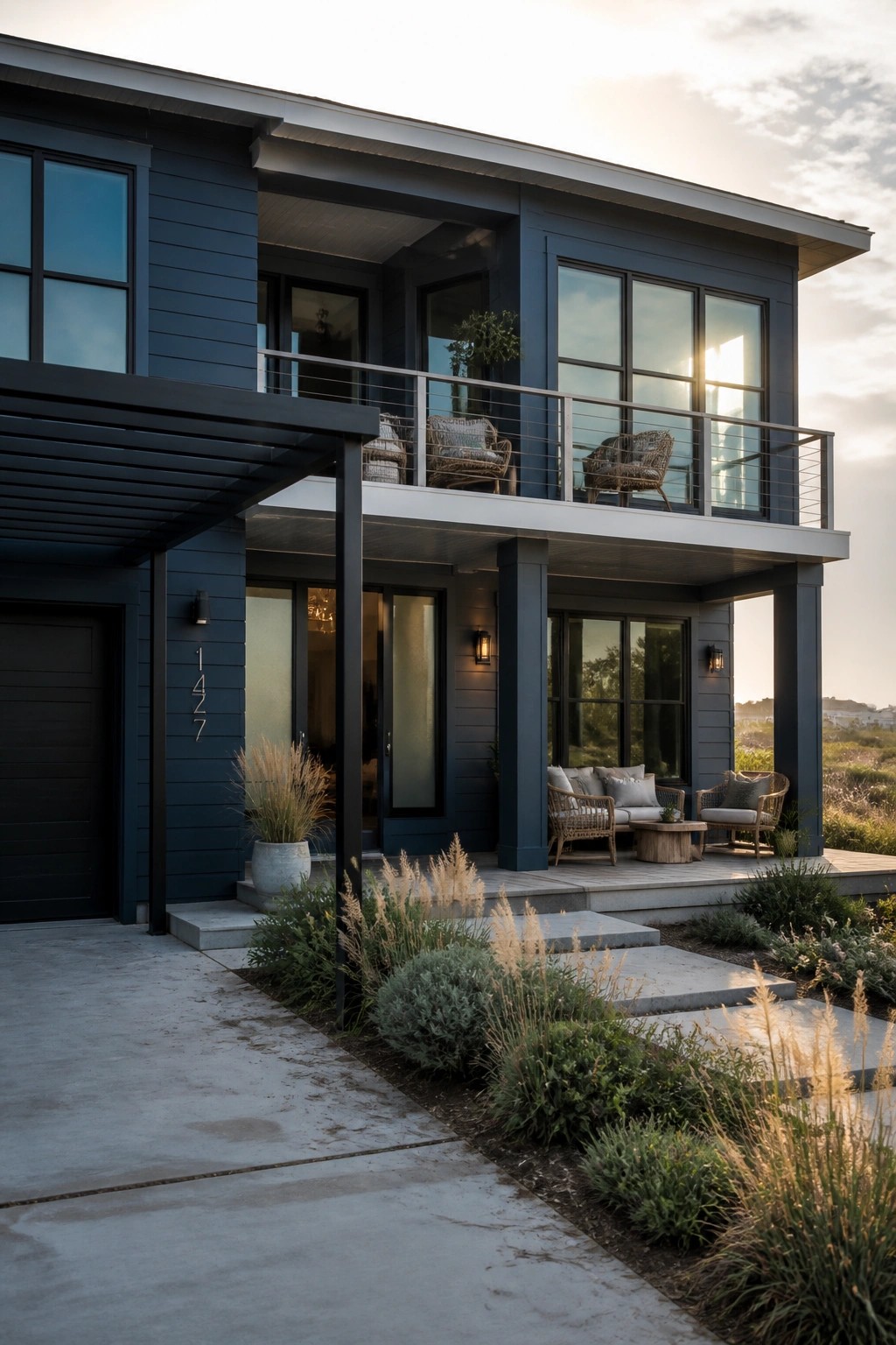 A modern two-story house with dark blue siding, black-framed windows, a second-floor balcony with metal railing, and a covered porch area.
