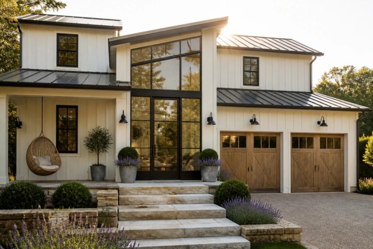 17 Modern Two-Story House Ideas for Spacious Family Living A modern two-story white house with black-framed windows and a tall central glass entry above double doors, a covered porch with a hanging chair, and a wooden garage on the right.