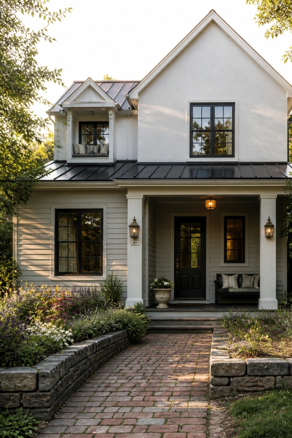 White two-story house with black roof, porch, brick path, and flower garden