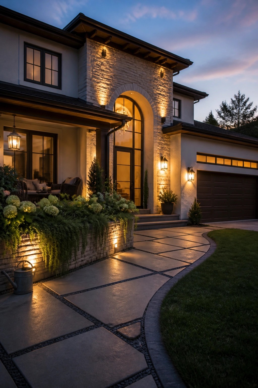 Illuminated luxury home with stone archway, paver driveway, and lush landscaping at twilight