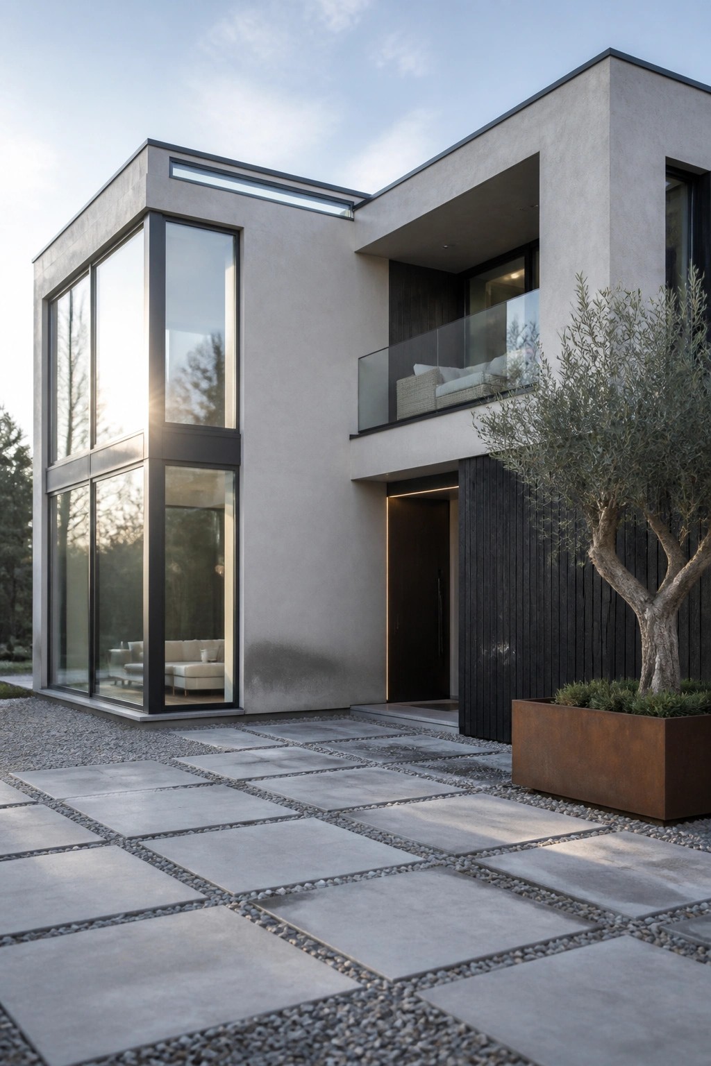 Modern two-story concrete house with large vertical windows, dark wood siding near the entrance, a balcony, and a stone pathway with a potted tree in the foreground.