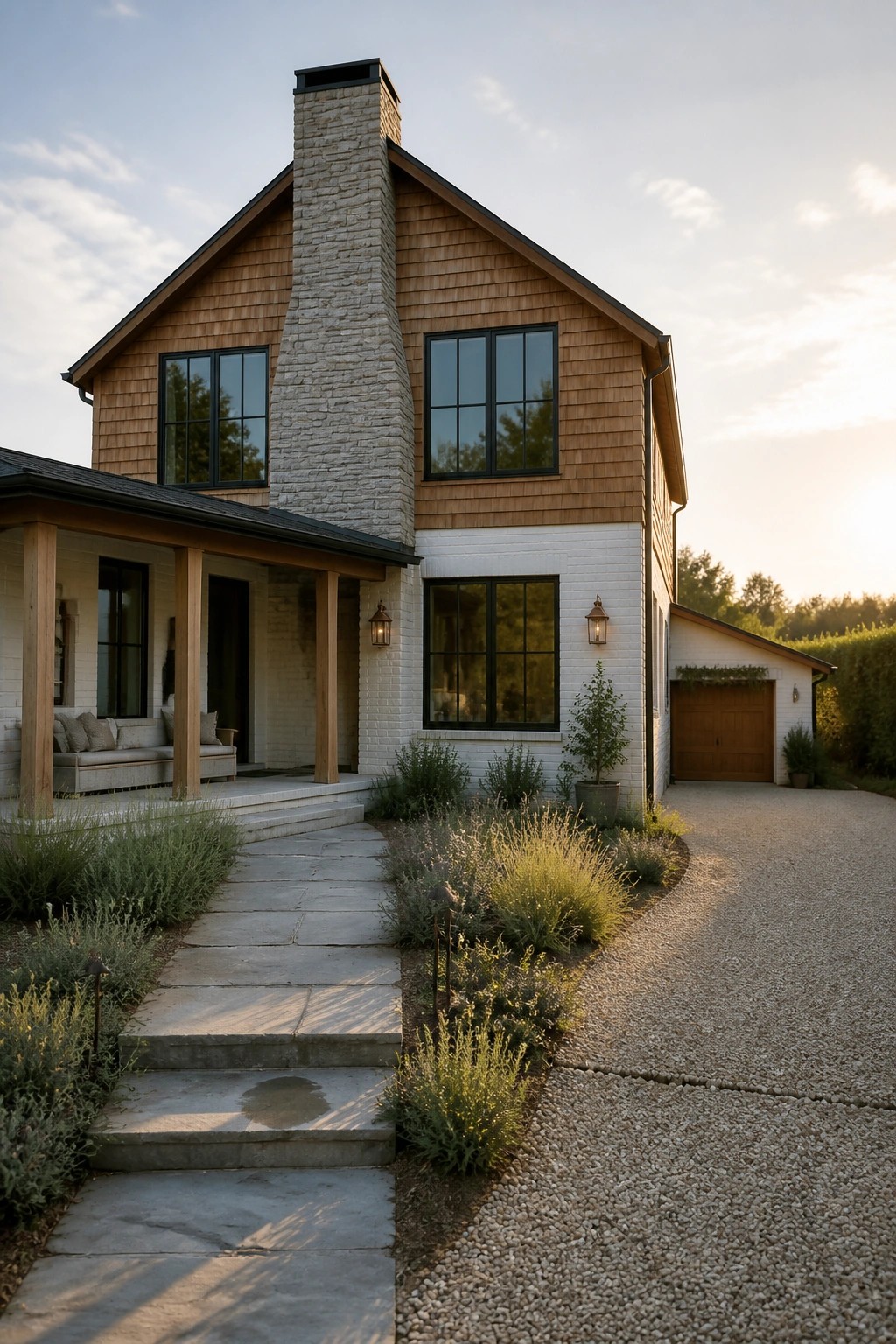 A two-story modern house with wood shingle siding on the upper level, white brick on the lower level, a tall stone chimney, black-framed windows, and a stone pathway leading to a covered porch.