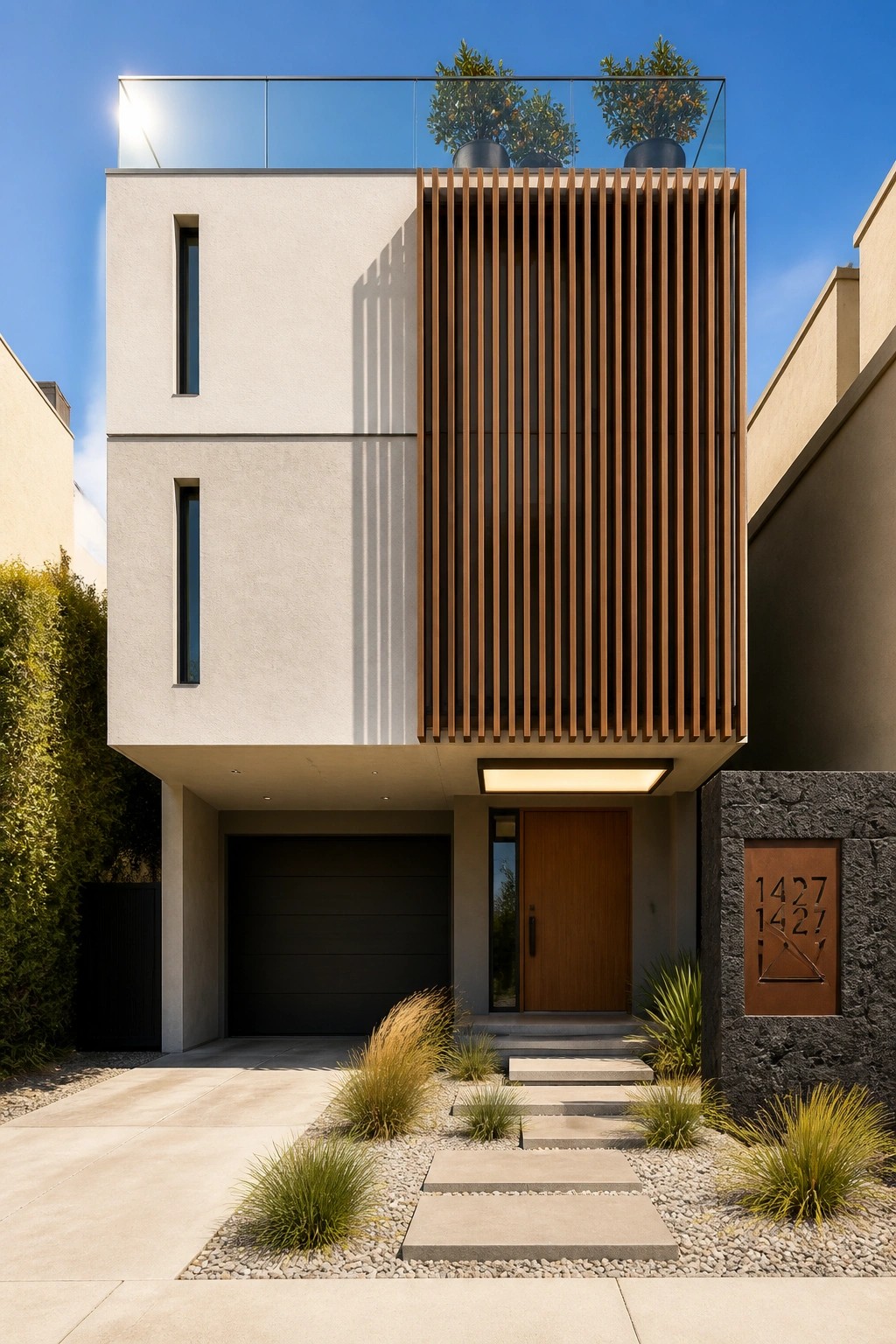 A modern two-story house with a light beige facade, a section of vertical brown wood slats, a wooden front door, garage door, and a glass-railed balcony with potted plants.