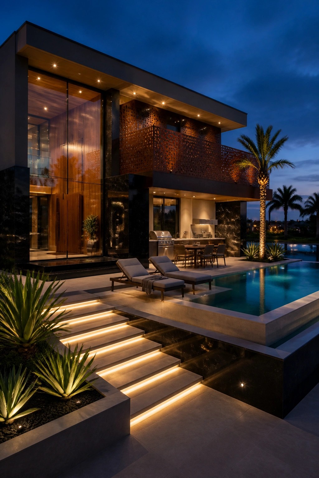 Modern two-story house at dusk with a rectangular pool, two lounge chairs, and a dining table on the adjacent patio.