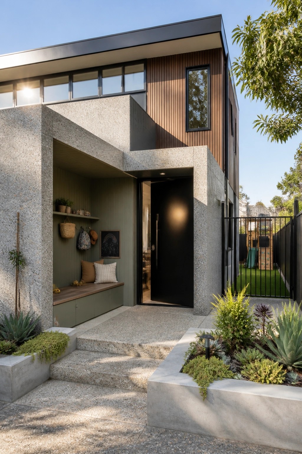 Modern two-story house exterior showing a recessed entry with green paneling, built-in bench, black door, and concrete steps leading up from a paved walkway.