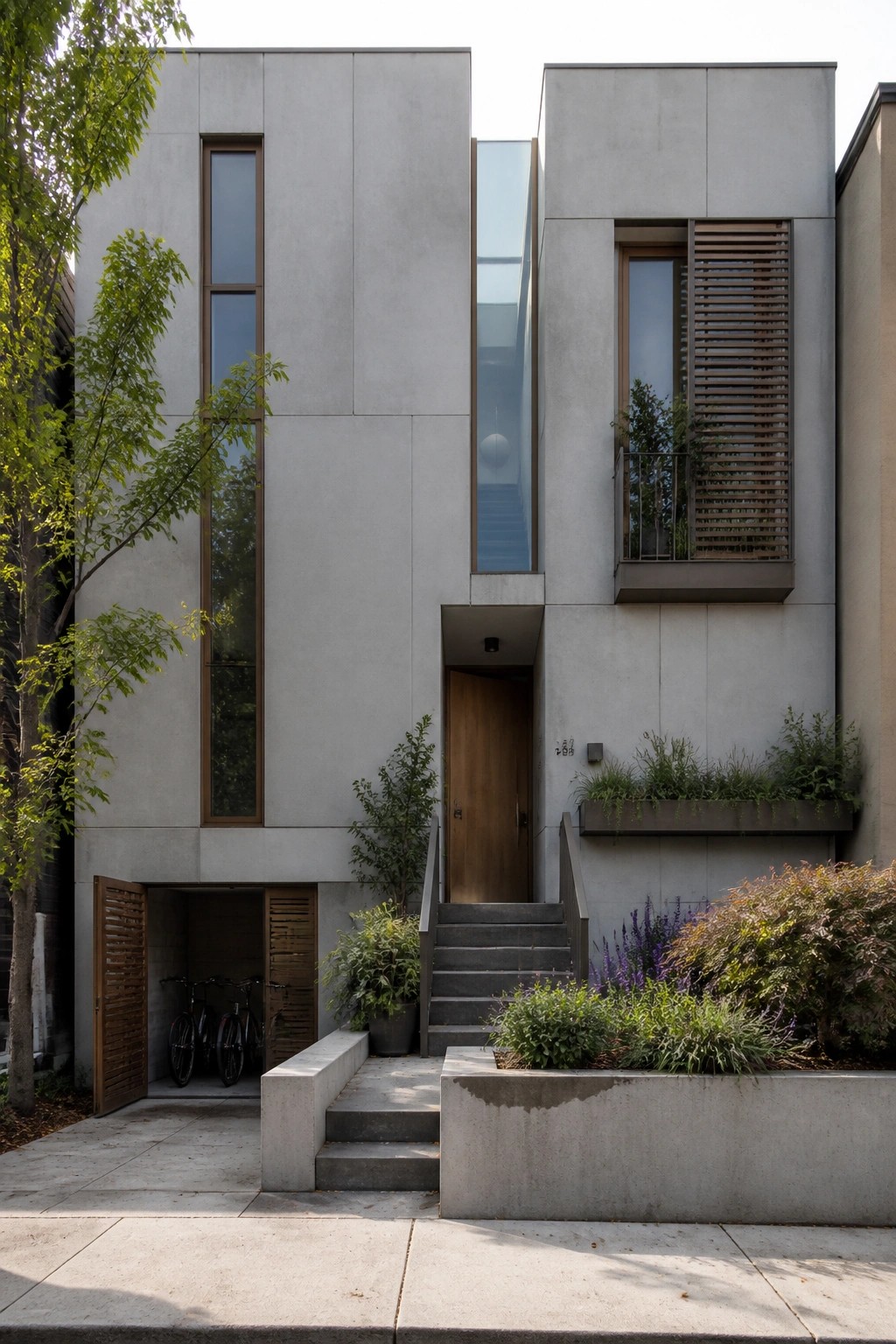 Modern two-story concrete house with tall vertical windows, a wooden front door at the top of concrete steps, a small balcony, and an open garage showing bicycles.