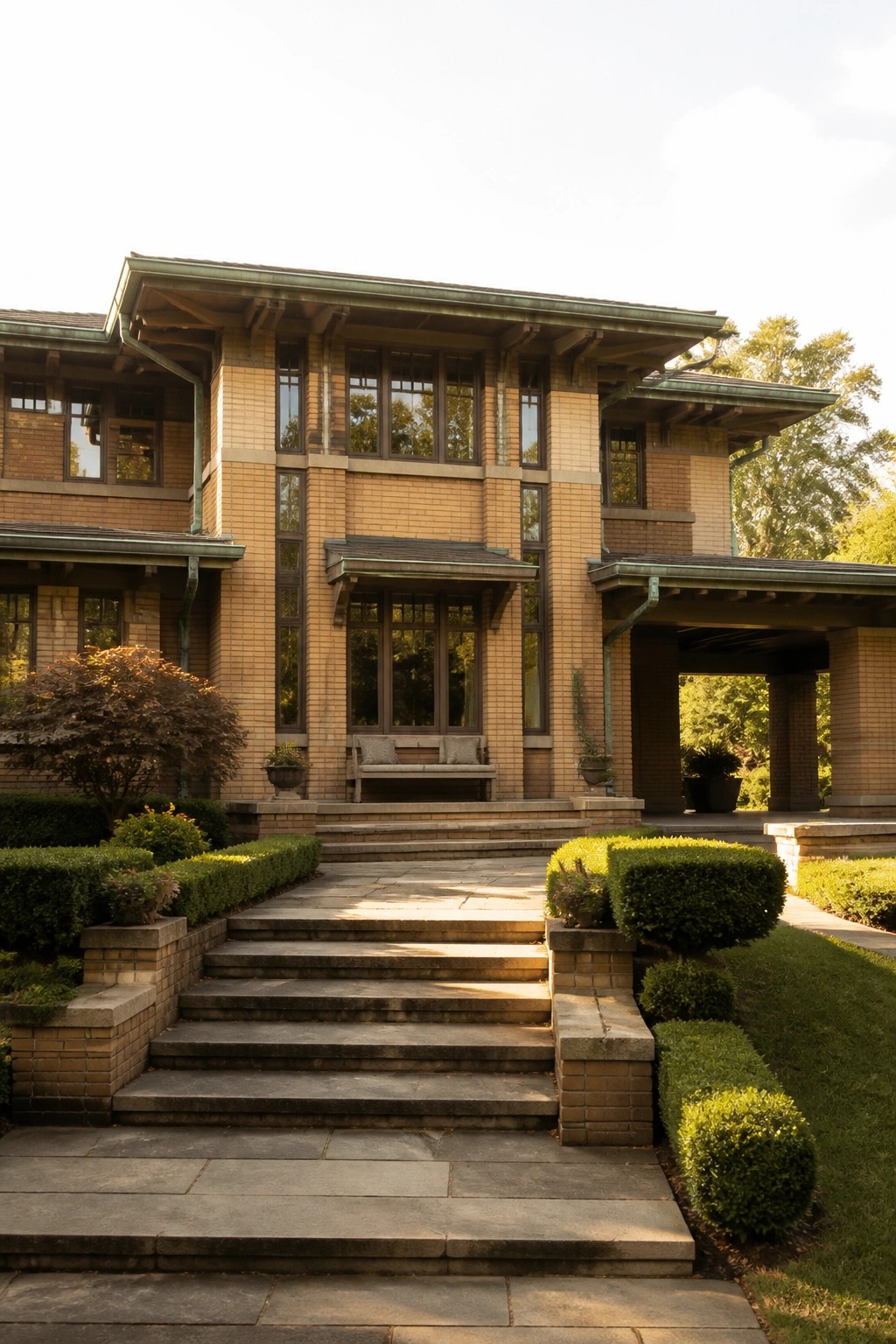 Large brick house with green roof, stone steps, and manicured hedges in sunlight.
