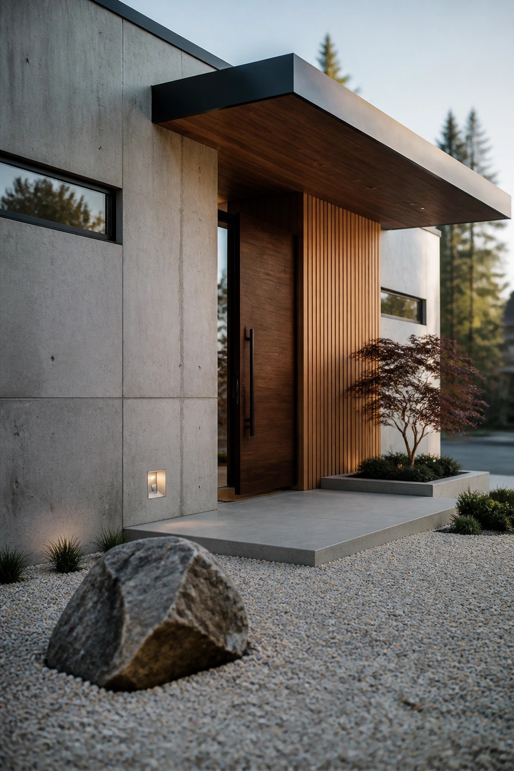 Modern one-story house exterior showing a concrete facade with a large wooden entry canopy over a dark wood door and vertical wood slats beside it.
