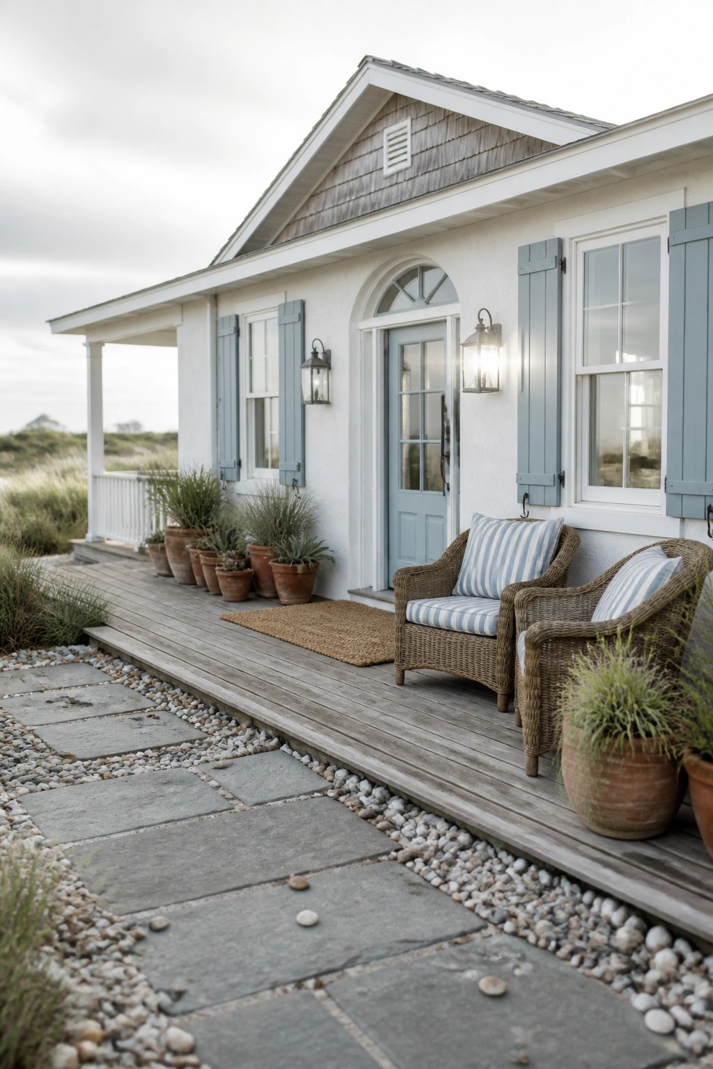 A white one-story house with light blue shutters and front door, wooden porch with two wicker chairs, potted plants along the deck, and a stone path leading to the entrance.