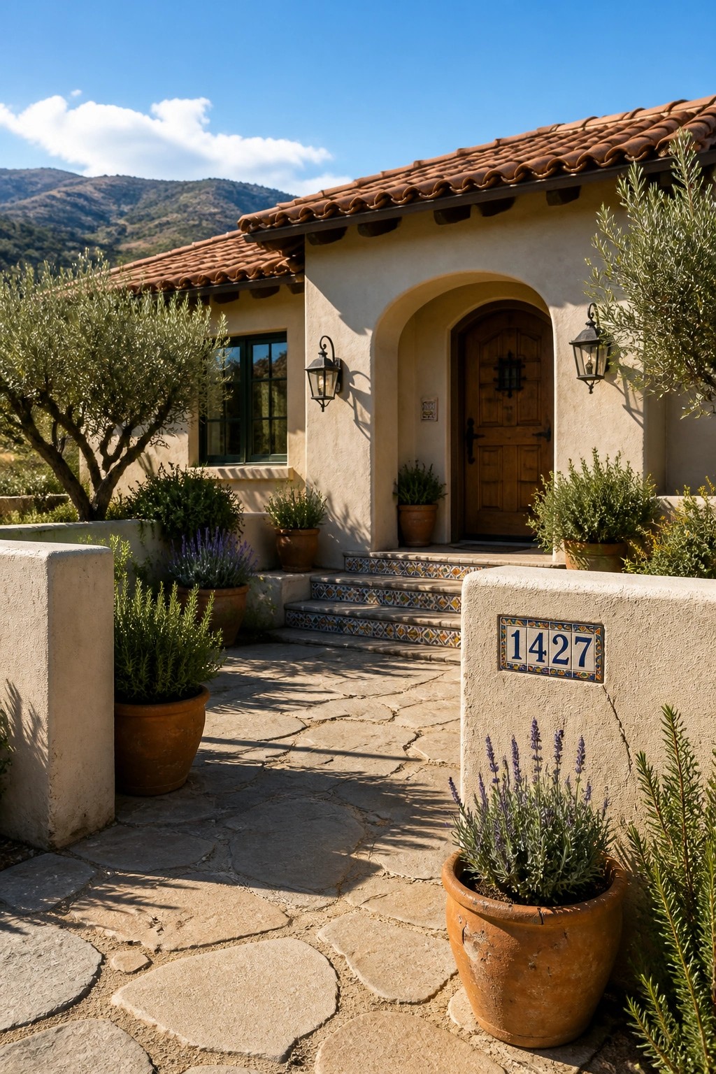 A single-story stucco house with a terracotta tile roof, arched wooden front door, tiled steps, and potted plants along a stone pathway.