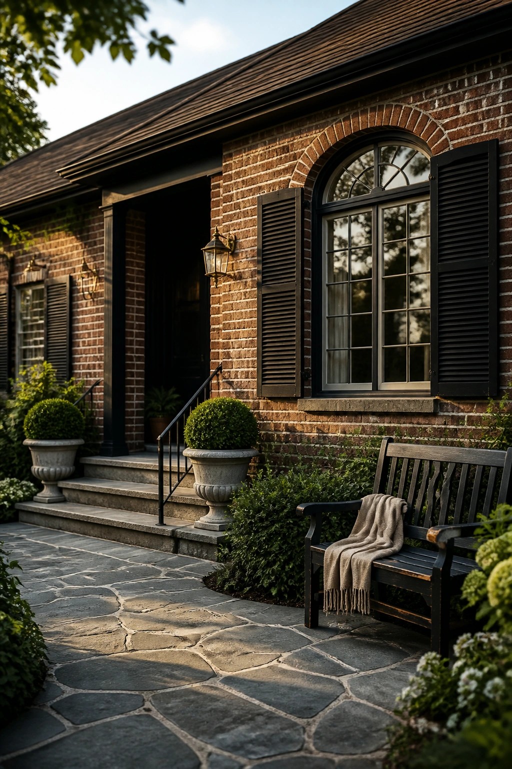 Brick house entrance with arched window, wooden bench, blanket, and potted plants on stone path