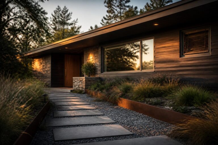 13 One-Story House Exterior Ideas Designed for Low-Profile Elegance A one-story modern house with dark wood siding and a stone base, shown with a gravel path lined by concrete stepping stones leading to the front door and bordered by low grasses and shrubs.