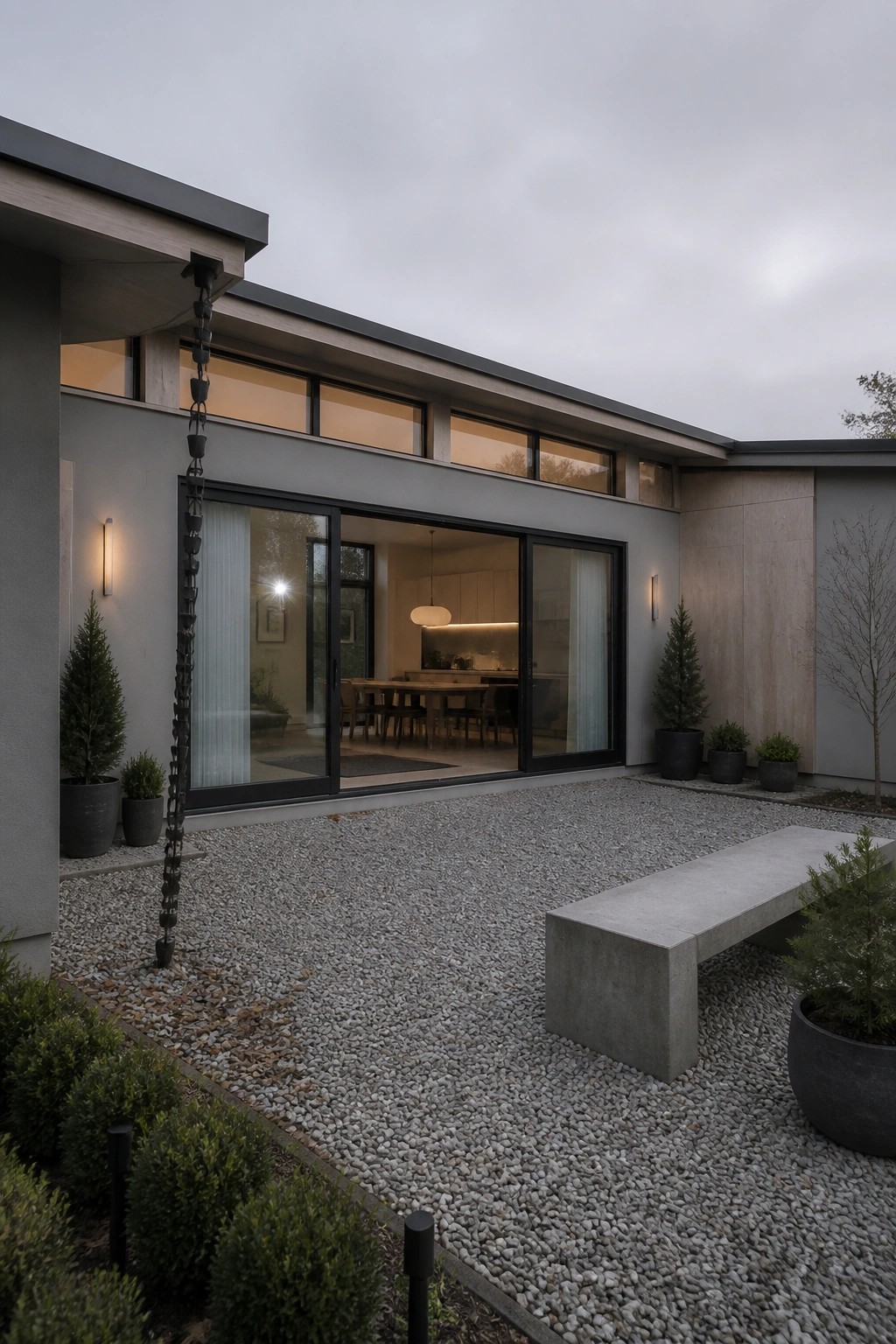 Modern one-story house exterior with large sliding glass doors opening to a gravel courtyard that includes a concrete bench and potted plants.