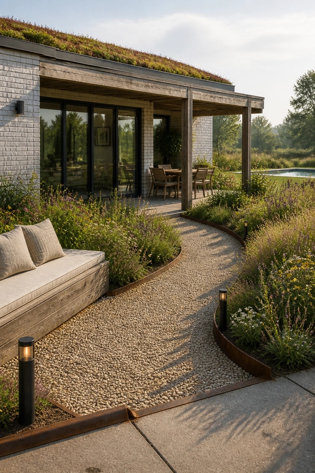 A modern one-story house with white brick siding, a flat green roof, large glass doors, and a gravel path bordered by plants leading to an outdoor seating area under a wooden overhang.