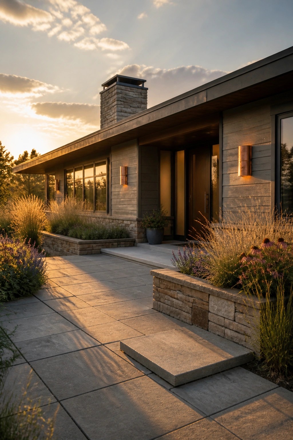 A modern one-story house exterior at sunset with horizontal wood siding, a stone base and chimney, large windows, and a low roof overhang.