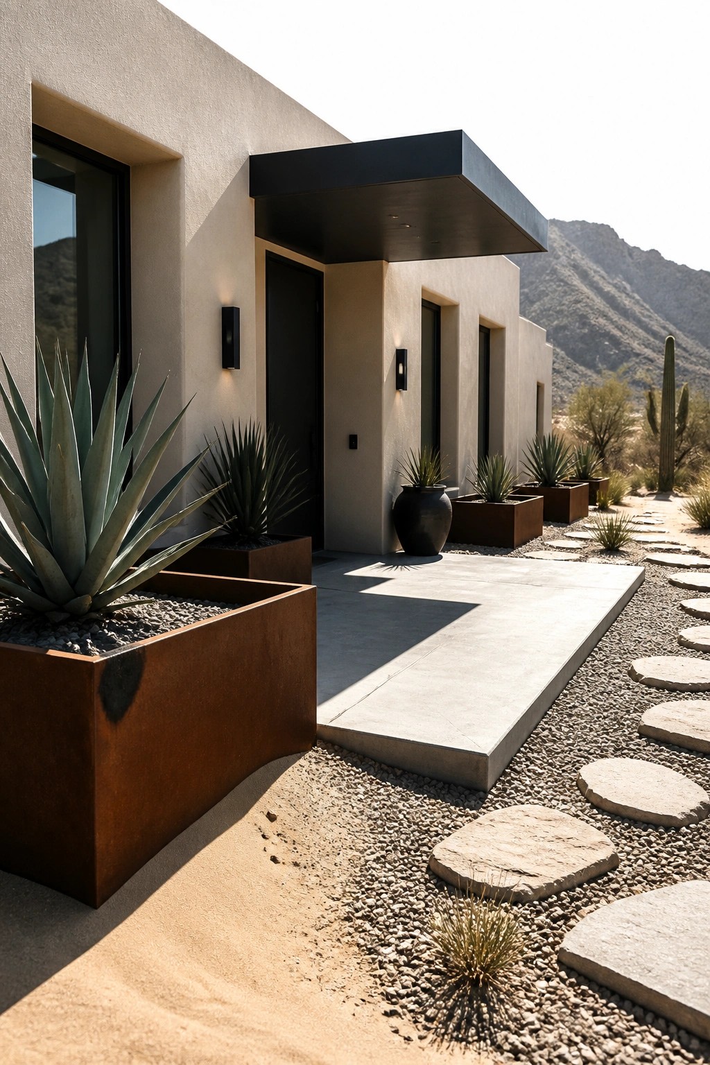 Modern one-story house exterior with light stucco walls, dark flat roof overhang, black entry door, and large rusted metal planters holding agave plants beside the entry.