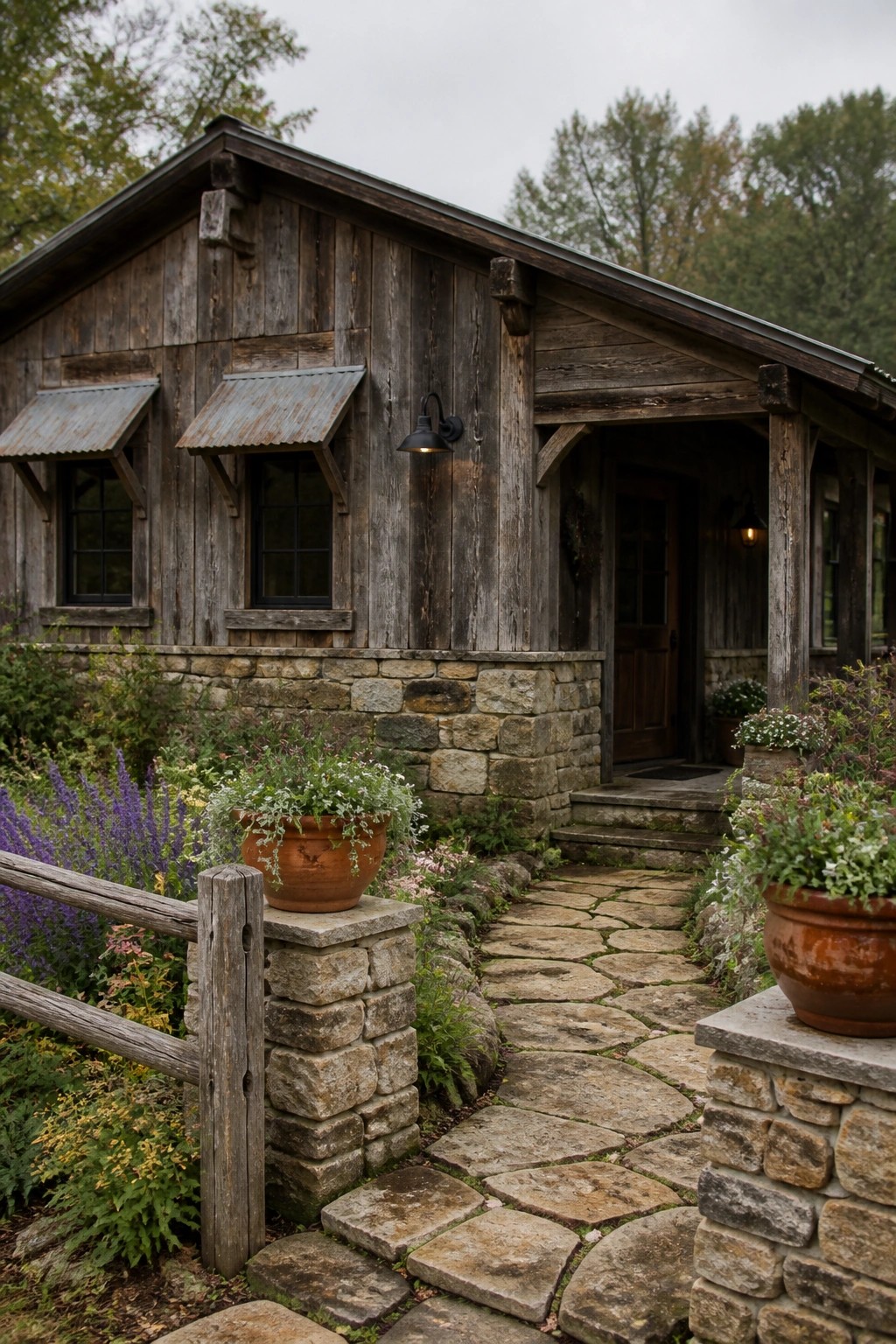 A one-story wooden house with a stone foundation, metal window awnings, and a stone pathway leading to the front door.