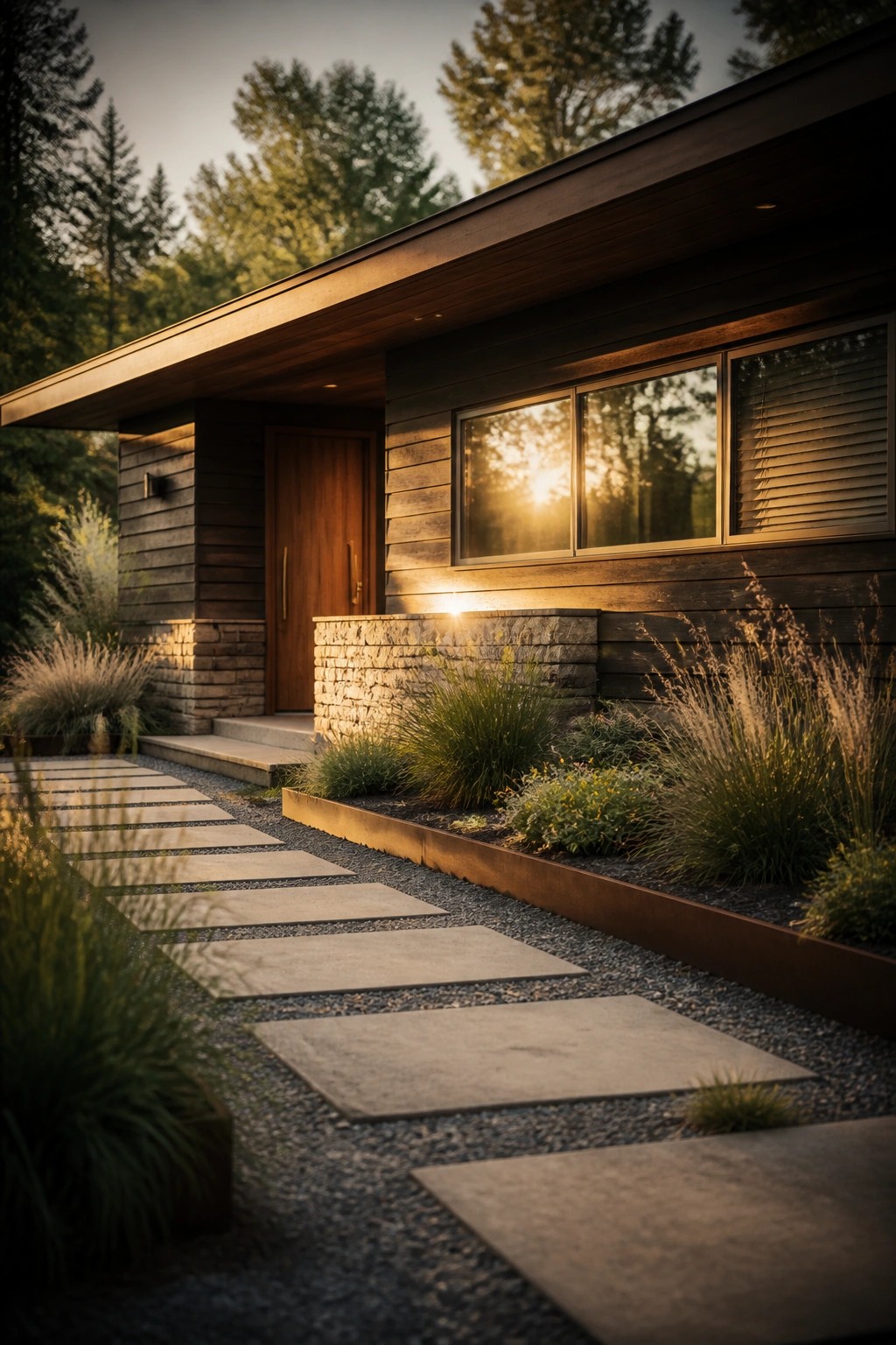 A one-story modern house with dark wood siding and a stone base, shown with a gravel path lined by concrete stepping stones leading to the front door and bordered by low grasses and shrubs.