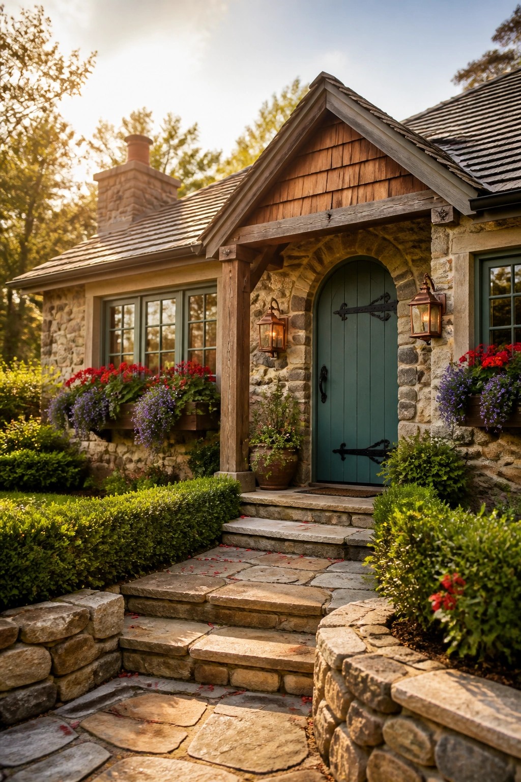 A one-story stone house with a teal door set inside a stone arch, wooden gable above, and flower boxes on either side of the entry.