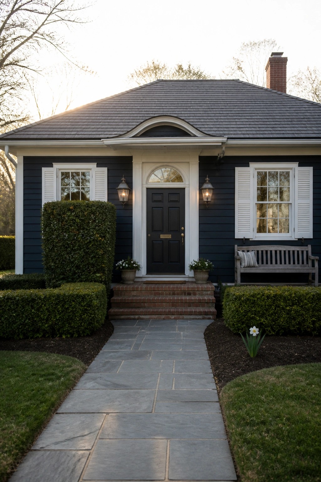 A one-story house with dark siding, a black door beneath a white curved pediment, white shuttered windows, brick steps, and a stone walkway leading to the entrance.